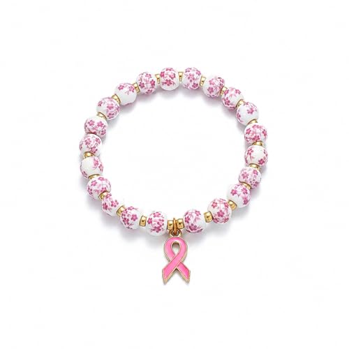 GoHere Breast Cancer Bracelets Pink Ribbon Charm Flower Beaded Wrist Bracelets for Women Cancer Awareness Accessories Care Gift