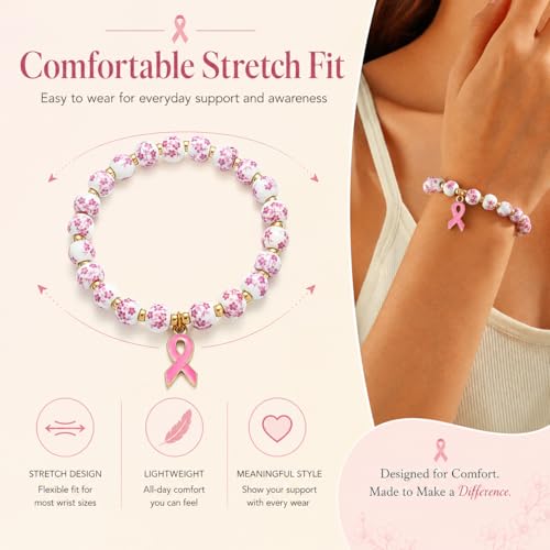 GoHere Breast Cancer Bracelets Pink Ribbon Charm Flower Beaded Wrist Bracelets for Women Cancer Awareness Accessories Care Gift