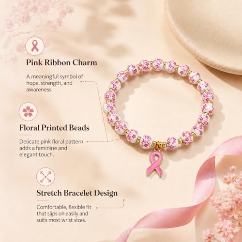 GoHere Breast Cancer Bracelets Pink Ribbon Charm Flower Beaded Wrist Bracelets for Women Cancer Awareness Accessories Care Gift