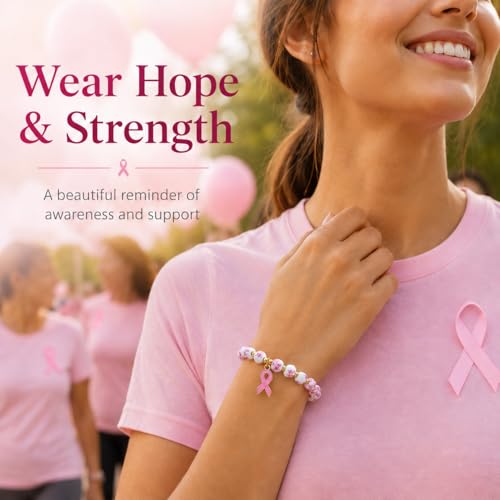 GoHere Breast Cancer Bracelets Pink Ribbon Charm Flower Beaded Wrist Bracelets for Women Cancer Awareness Accessories Care Gift