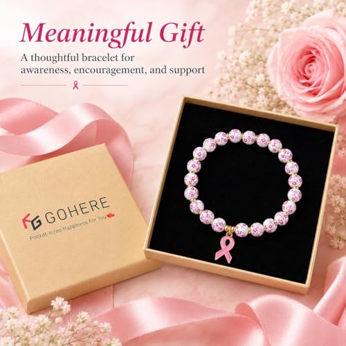 GoHere Breast Cancer Bracelets Pink Ribbon Charm Flower Beaded Wrist Bracelets for Women Cancer Awareness Accessories Care Gift