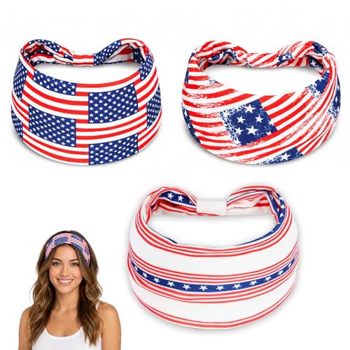 3Pcs 4th of July Headbands American Flag Hairband USA Red White Blue Non-Slip Stretchy Sports Headbands for Running Cycling Yoga Fitness Workout