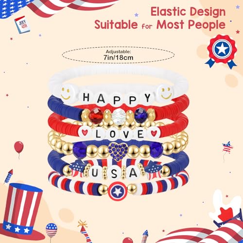 GoHere 4th of July Bracelets for Women - American Flag Beaded Red White Blue Stackable Bracelets - Independence Day Gifts Patriotic Jewelry Set